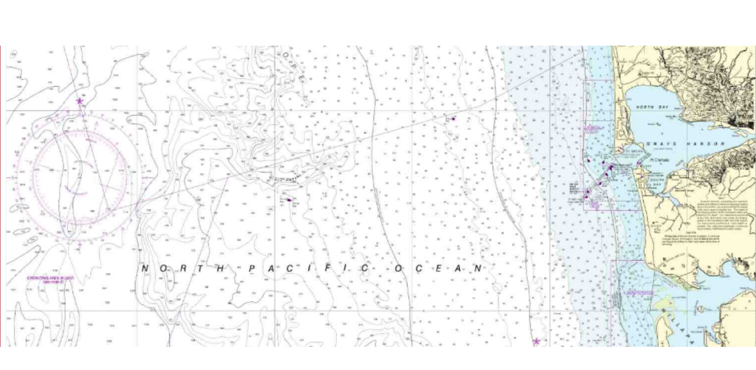 A nautical navigation chart of the North Pacific Ocean showing coastal outlines of lands, bodies of water, and navigational symbols.