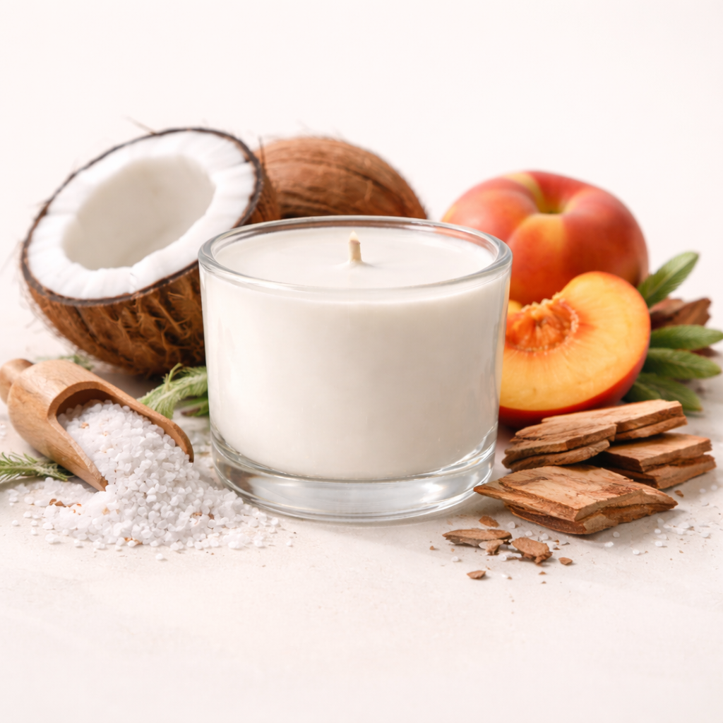 Kokosnuss, Pfirsich und Kerze arrangiert.png