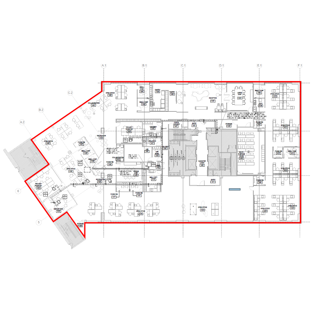 Architectural floor plan of a building with various rooms and labeled sections, outlined in red.