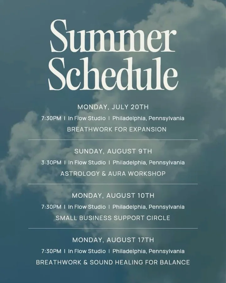 Summer is full of opportunities to breathe, connect, reflect &amp; come home to yourself.

July 20 | Breathwork &amp; Reiki Journey for Expansion A guided breathwork and Reiki journey for anyone ready for more confidence, more joy, more trust and mor