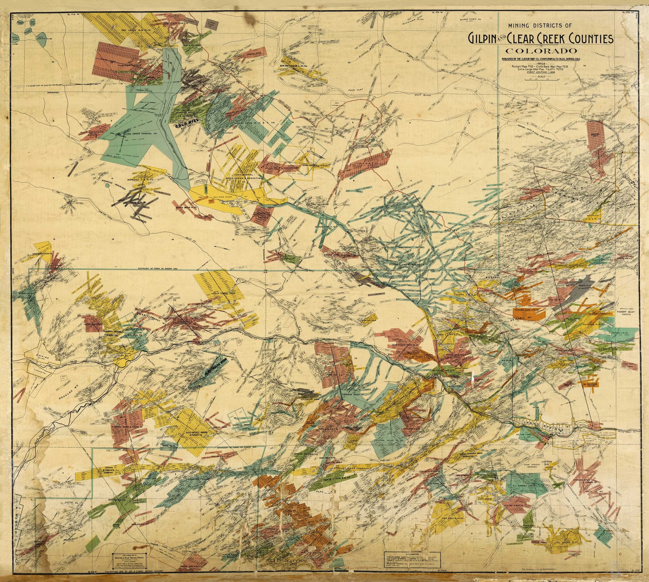 Historical map of mining districts in Gilpin and Clear Creek counties, Colorado, showing various mining claims, districts, and railroad lines.