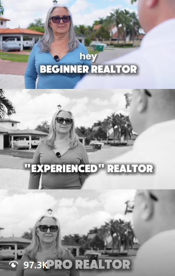 A middle-aged woman, wearing sunglasses and a light blue top, is speaking to a man outdoors. The image is shown in three variations: color at the top, black and white in the middle, and a grayscale filter at the bottom. Text overlays label her as a beginning, experienced, and pro realtor in each version.