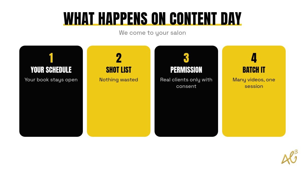 What happens on a salon content day: plan around your schedule, follow the shot list, film with client permission, batch many videos at once