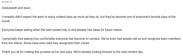 Screenshot of an email discussing content days, team reactions, and future video ideas.