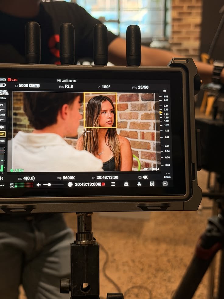 On a video camera monitor, a woman with long brown hair is being filmed in front of a brick wall, while a man with dark hair, seen only from the back, is in the foreground
