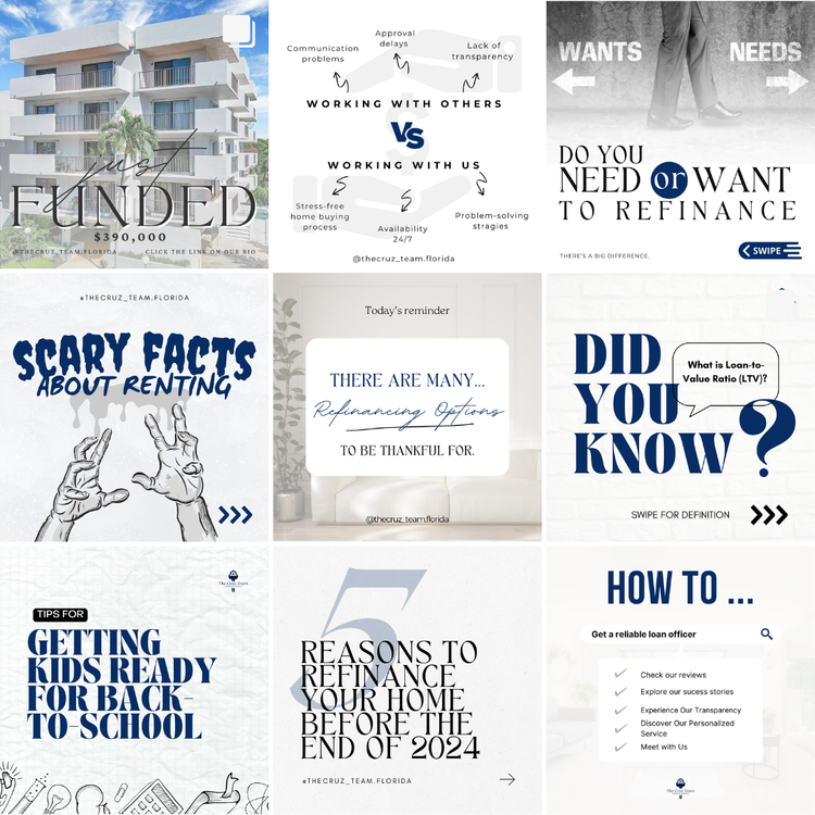 A collage of nine social media graphics related to real estate and financial topics, including home listings, refinancing, renting facts, and tips for getting ready for back-to-school.