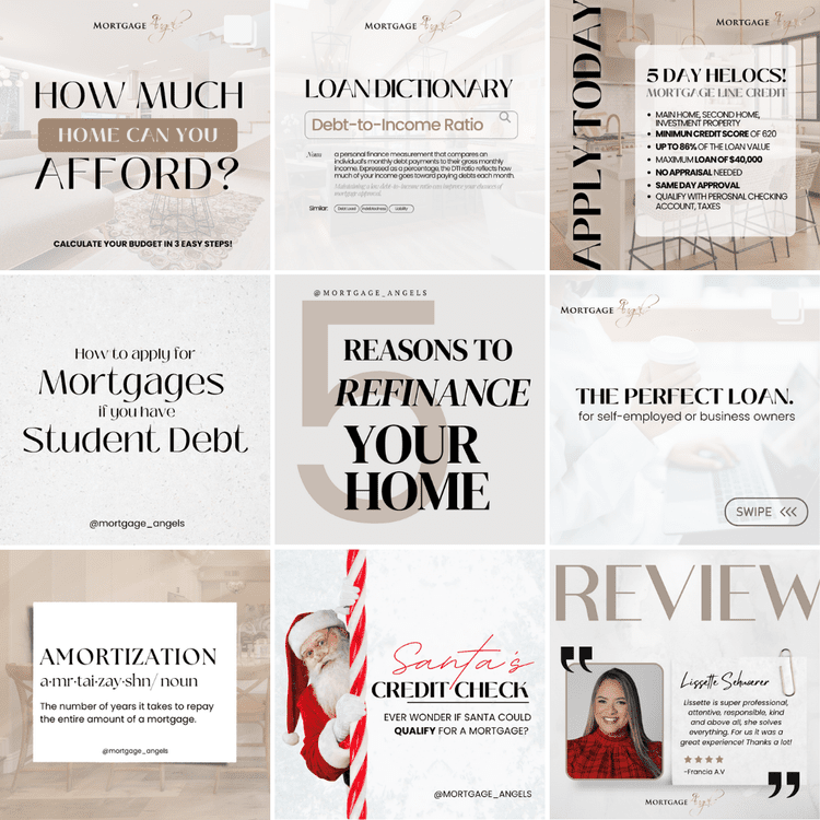 Collection of nine social media graphics related to getting a mortgage, refinancing, applying for mortgages, and holiday season credit checks, featuring text, icons, and a Santa Claus image.