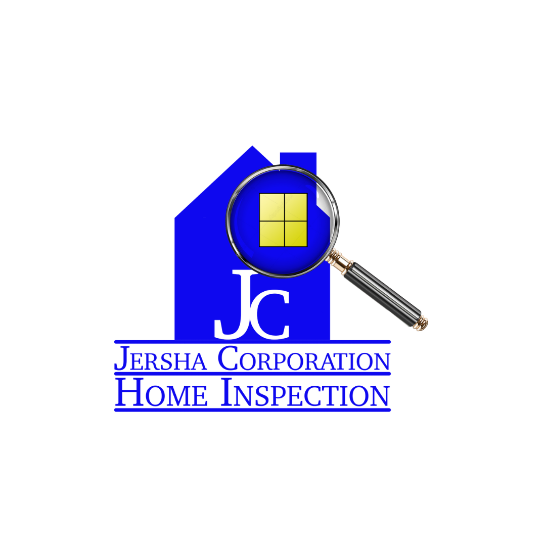 Logo for Jersha Corporation Home Inspection featuring a magnifying glass with a yellow window, a blue background, and text