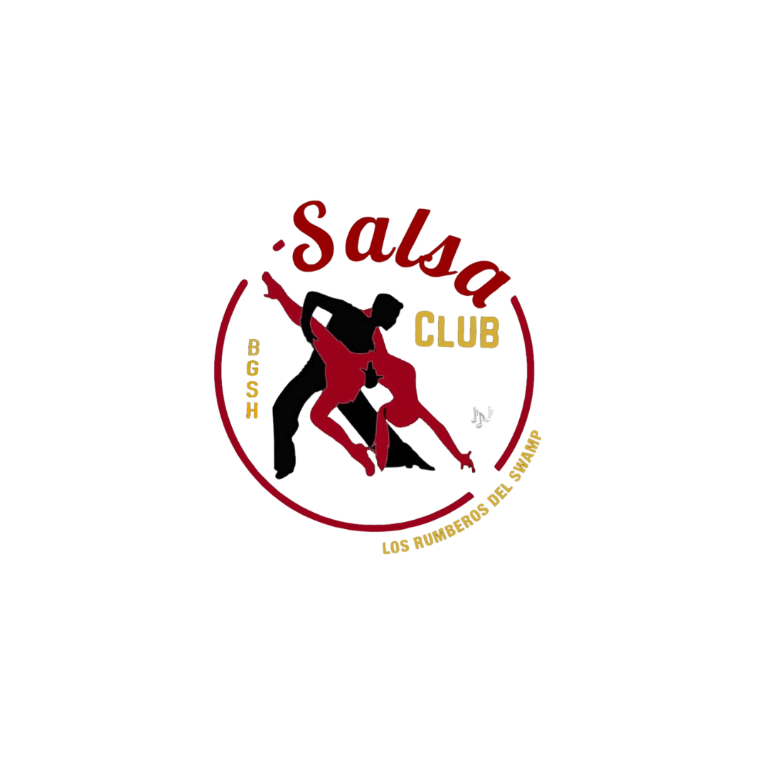 Logo for Salsa Club with a stylized dancer performing a dance move, surrounded by text reading "Salsa Club" and other decorative text.