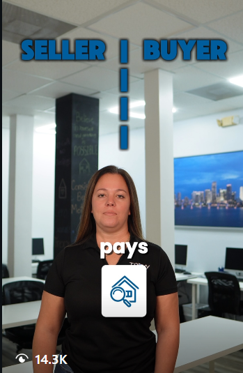 A woman standing in an office with a sign above her that says "Seller" on the left and "Buyer" on the right, with a vertical line dividing them. The woman's shirt has an icon of a document with a magnifying glass and the word "pays" underneath.