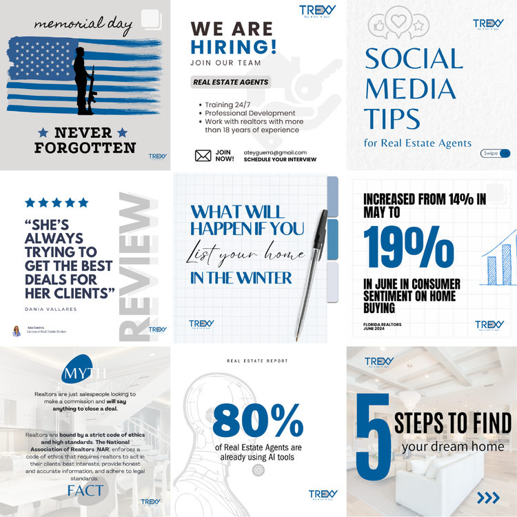 A collage of nine real estate-related digital graphics with tips, motivational quotes, and job openings, primarily in blue, black, and white, for real estate agents, including social media tips, market statistics, and steps to find a dream home.