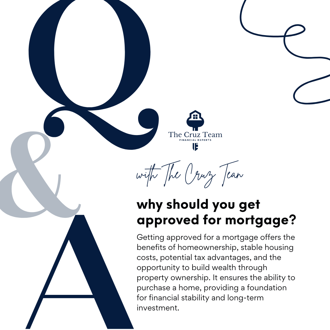 Design for a brochure or flyer from The Cruz Team, featuring large stylized letters 'Q' and '&', and text about the benefits of getting approved for a mortgage, emphasizing homeownership and financial stability.
