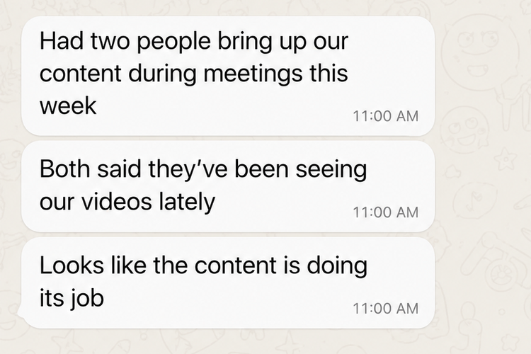 Screenshot of a text message conversation discussing content creation and video views.