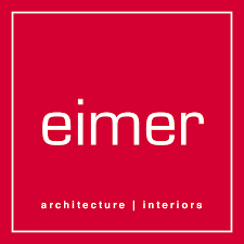 Eimer architecture and interiors logo on a red background.