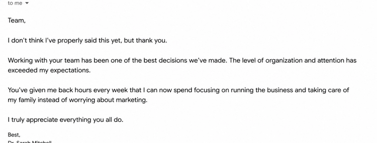 Screenshot of an email thanking a team for their support and describing the positive impact on the sender.