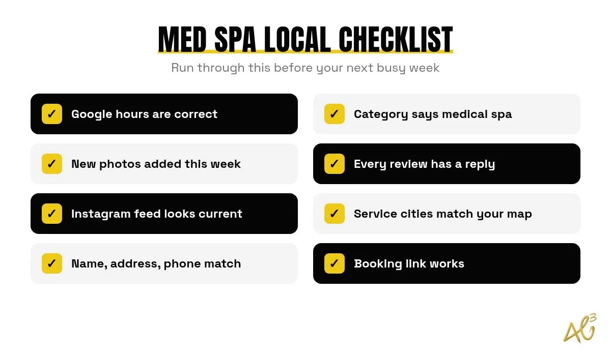 Checklist for Miami med spa local presence: Google profile, photos, reviews, NAP consistency, and neighborhood cues