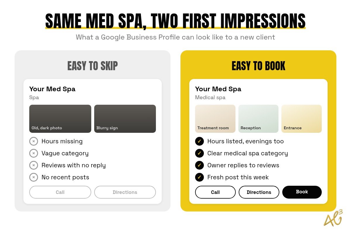 Side-by-side mockup of the same med spa Google Business Profile, one easy to skip with missing hours and old photos, one easy to book with fresh photos, review replies, and a Book button