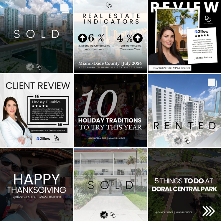 A collage of nine images related to real estate, including cityscape views, real estate statistics, client reviews, property rentals, sold properties, holiday traditions, and park activities, all featuring text overlays and branding.