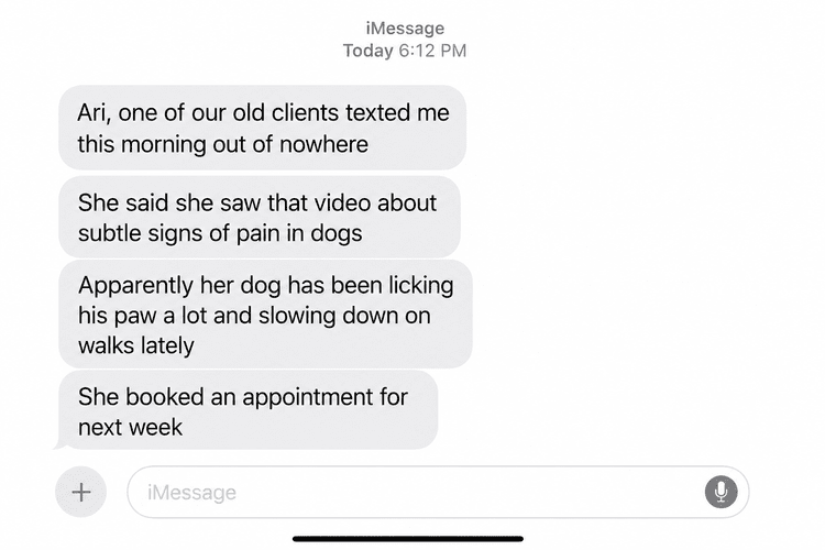 Screenshot of a text message conversation discussing a video about subtle signs of pain in dogs, including licking their paw, and an appointment booked for next week.