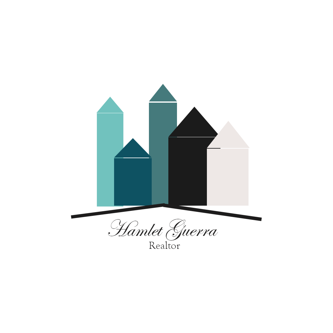 Logo of a realtor named Hamlet Guerra with stylized buildings and a black line resembling a roofline underneath, on a white background.