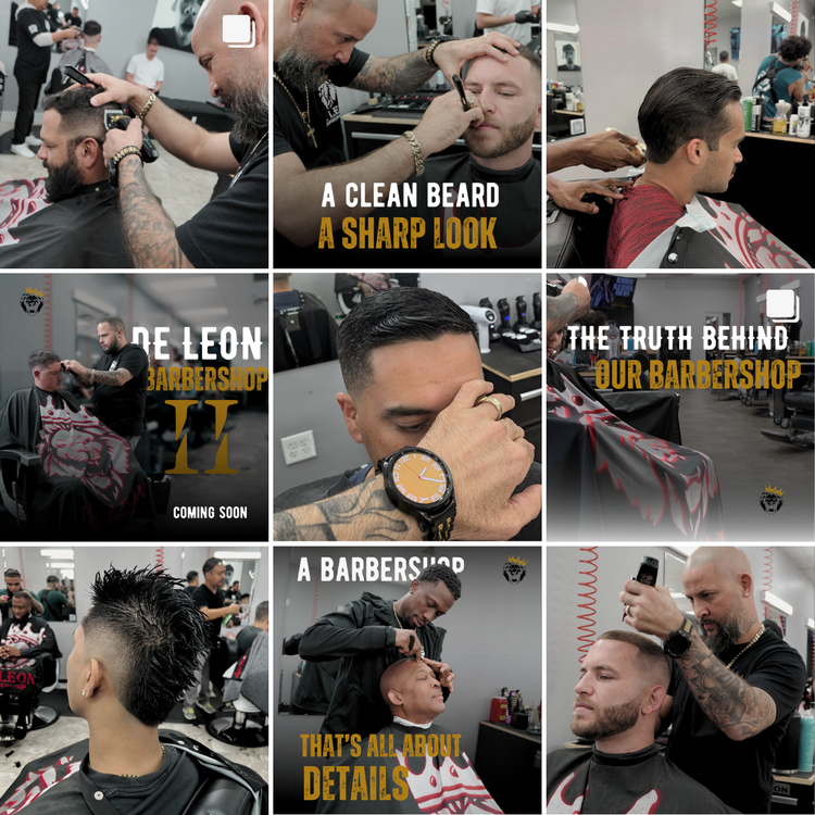 Collage of men getting haircuts and beard grooming at a barbershop, with captions about barbering and grooming details.
