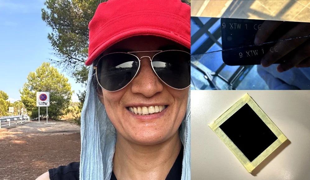 A woman in a red cap with a pale green sun-faded desert scarf and sunglasses, standing outdoors, alongside a close-up of two "9 XTW 1 CE"-certified welding glasses (top right), taped together as makeshift eclipse-viewing protection (bottom right).
