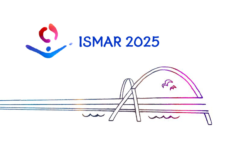 ISMAR 2025 logo alongside a stylized line drawing of a bridge over water, possibly referencing the host city’s iconic structure. The logo itself combines abstract human and technological elements in gradient shades of red, purple, and blue.