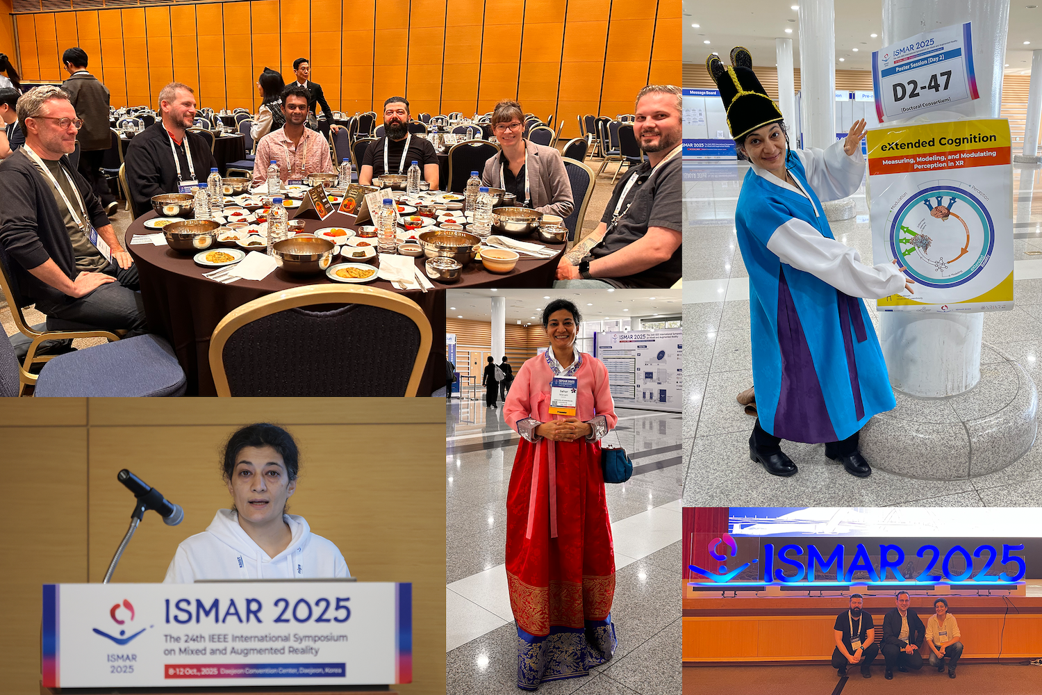 Collage of photos from ISMAR 2025 showing Sahar Niknam in traditional Korean hanbok, presenting research, and meeting colleagues at the conference dinner and NeuroXR workshop.