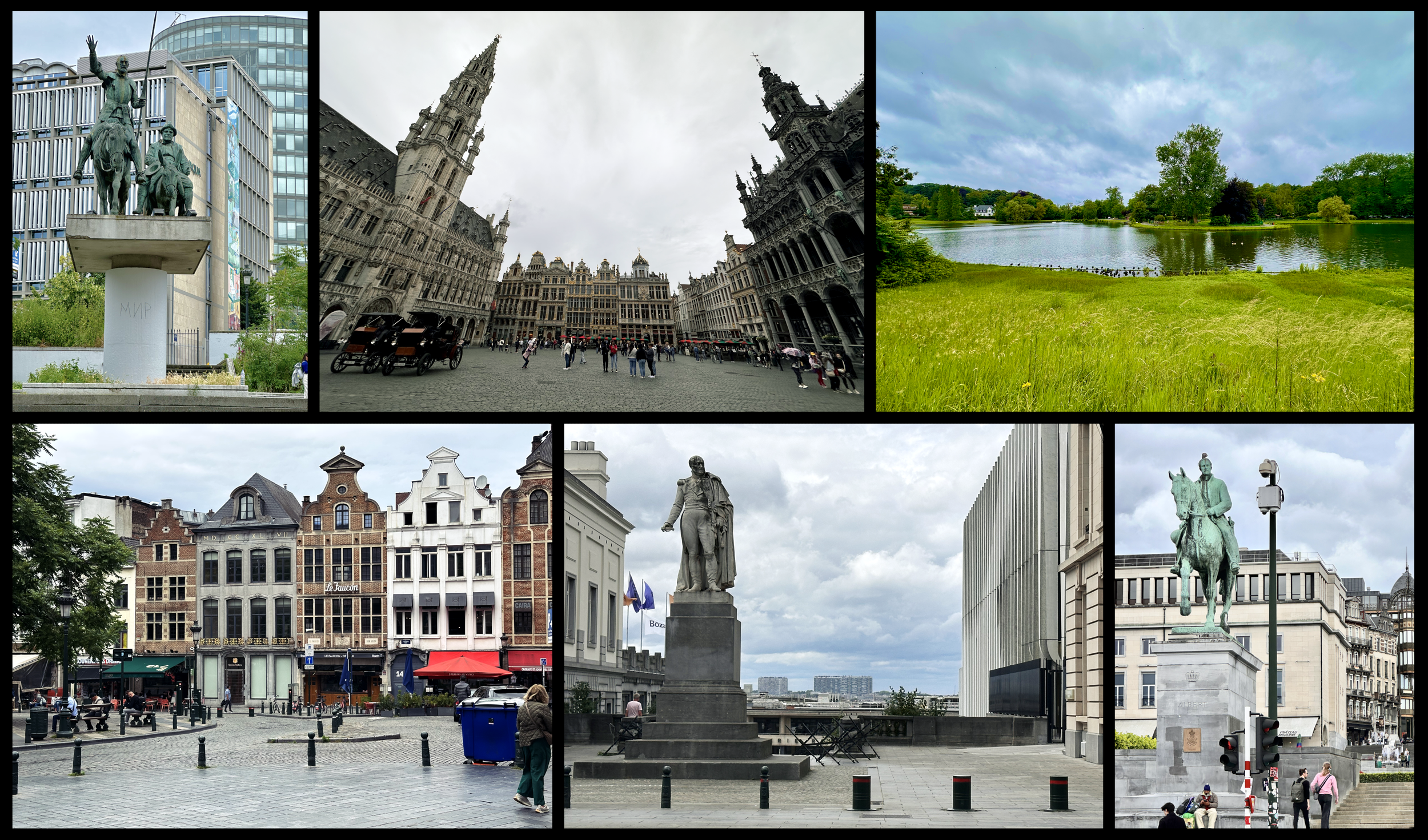 6 Brussels photos:  Don Quixote and Sancho Panza statue,  Grand-Place's ornate spires, a green lakeside meadow, row of gabled guild houses at the city center,  statue of General Belliard,   statue of King Albert I with a bird  on his head.