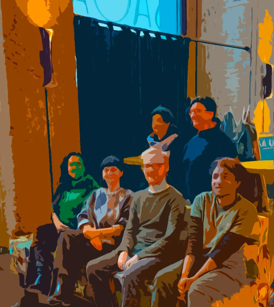 Six people pose indoors for a group photo, four seated in front and two standing behind. The scene is rendered in a stylized, poster-like digital painting.