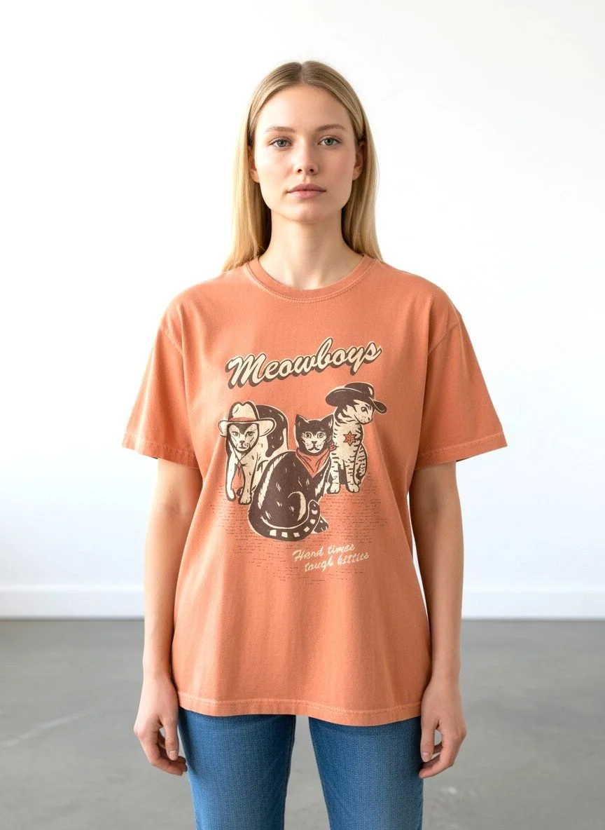 Model wearing Shop Good's terracotta Meowboys tee with a cowboy-cats graphic