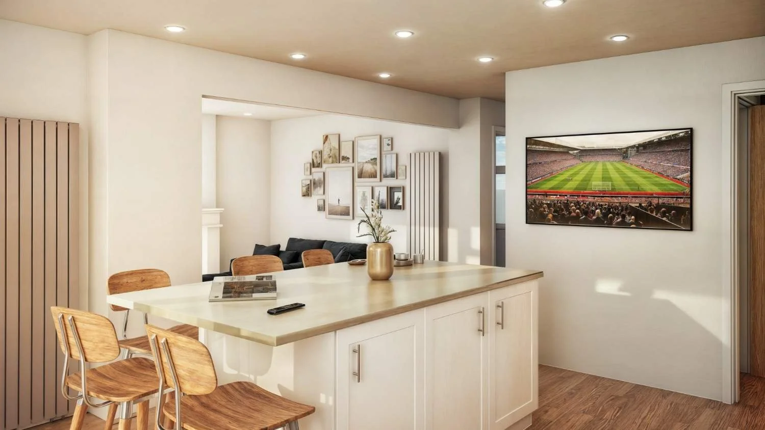 Reconfiguration of a 1970s semi-detached home in Solihull, creating a family-friendly open-plan kitchen, dining, and living space. McTernan Design used 3D walkthroughs to visualise this modern transformation.