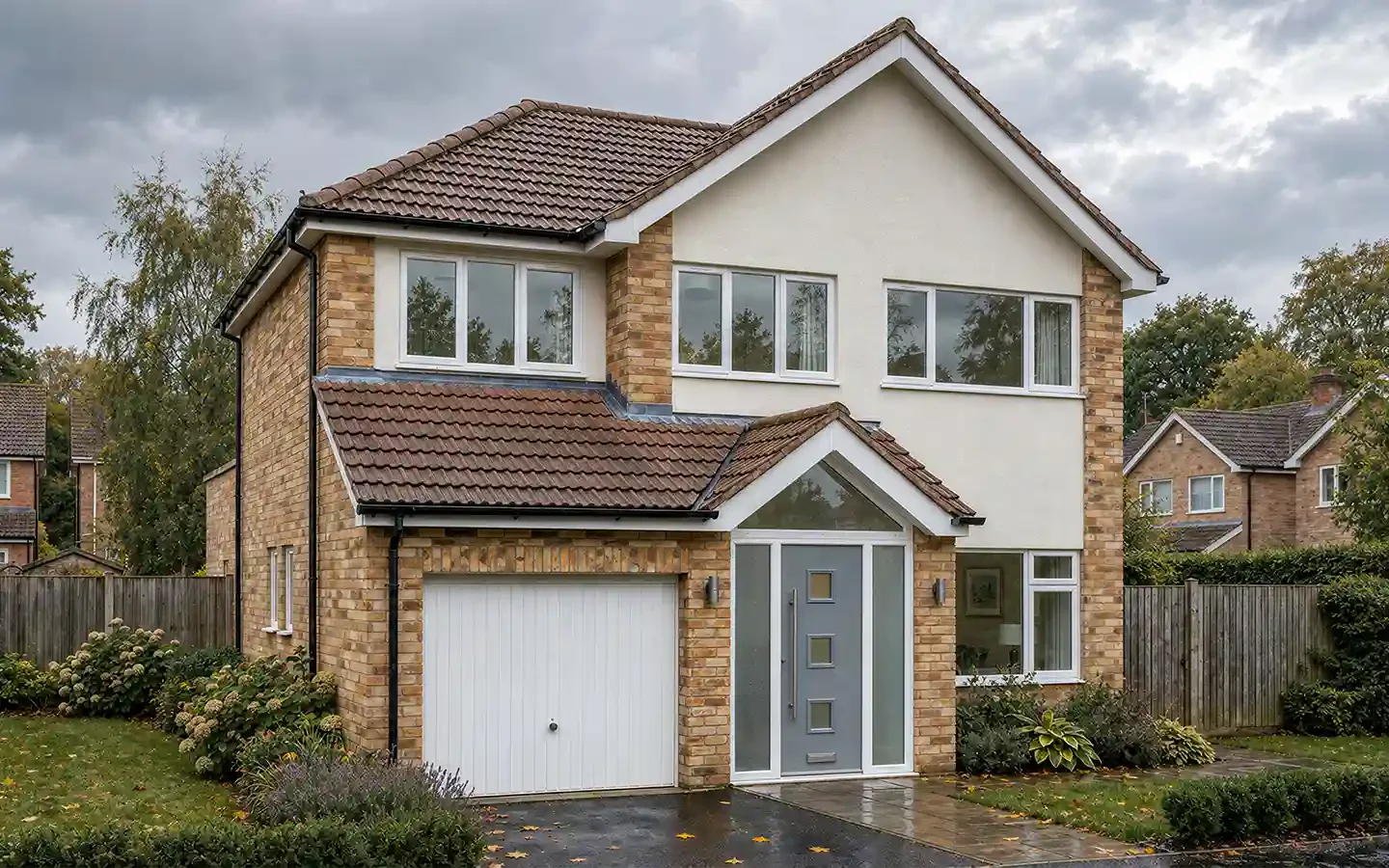 Front view of a Solihull house with a first-floor side extension above the garage, a replacement glazed porch and a brick and rendered exterior.