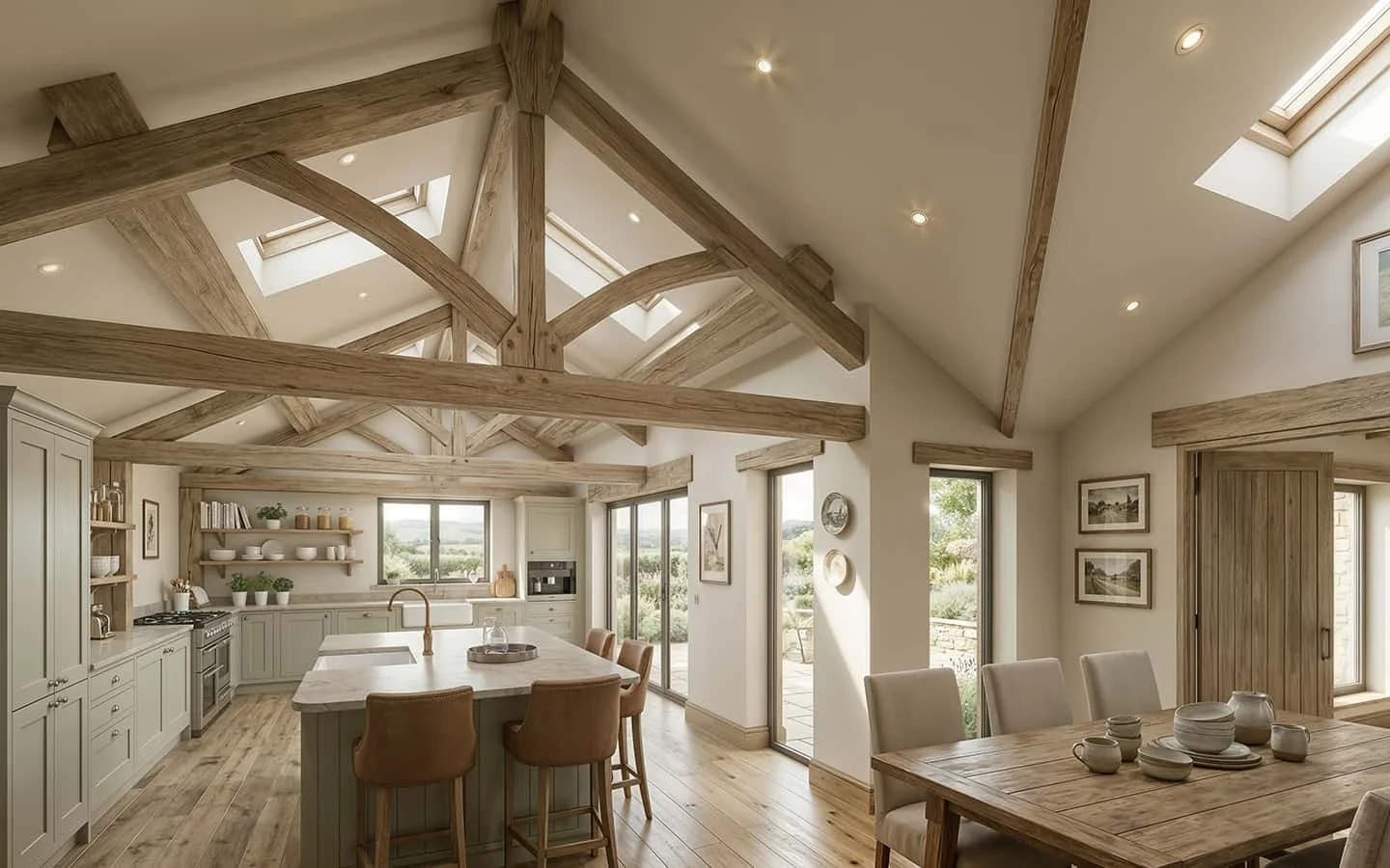 Open-plan kitchen-diner in a Warwickshire new-build with exposed king-post truss and rooflights for daylight.