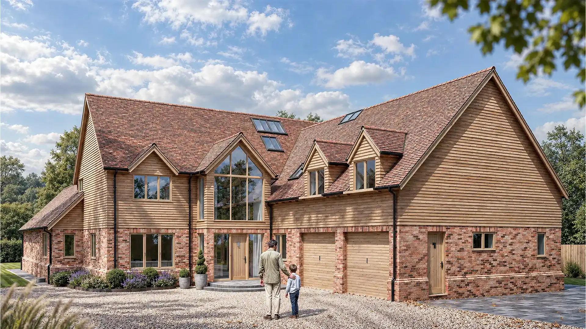 Front view of a proposed replacement family home in Warwickshire, with cedar cladding, reclaimed-style brickwork, a glazed entrance gable, dormer windows and an integral double garage.