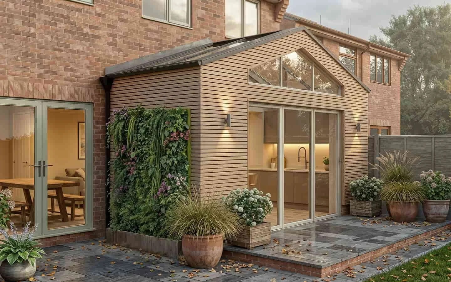 Timber-clad rear extension in Walsall with glazed gable feature and sliding doors opening to patio.