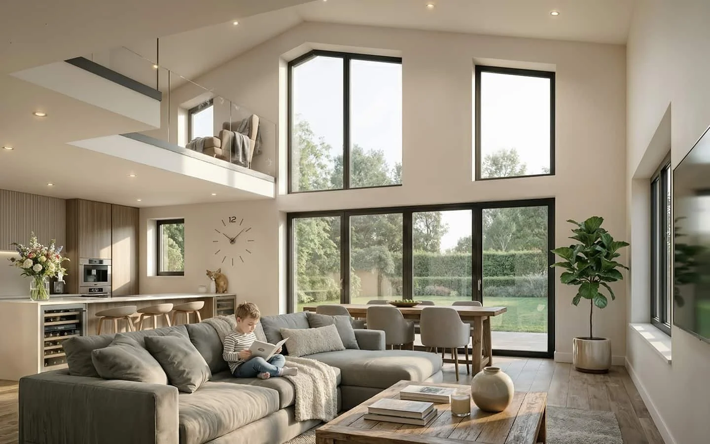 Open-plan kitchen and family living space in Bromsgrove barn conversion with double-height glazing and mezzanine.