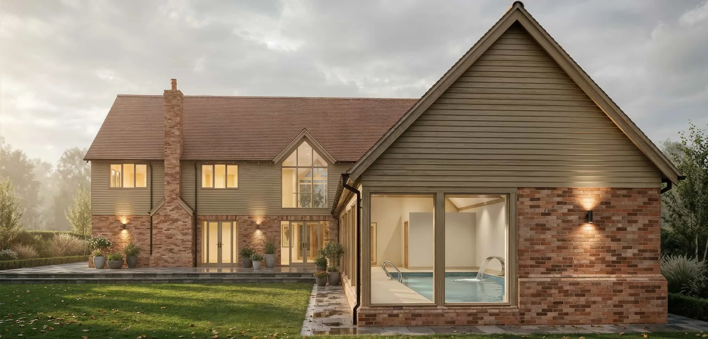 New build home in Warwickshire with glazed indoor pool room, brick and timber cladding.