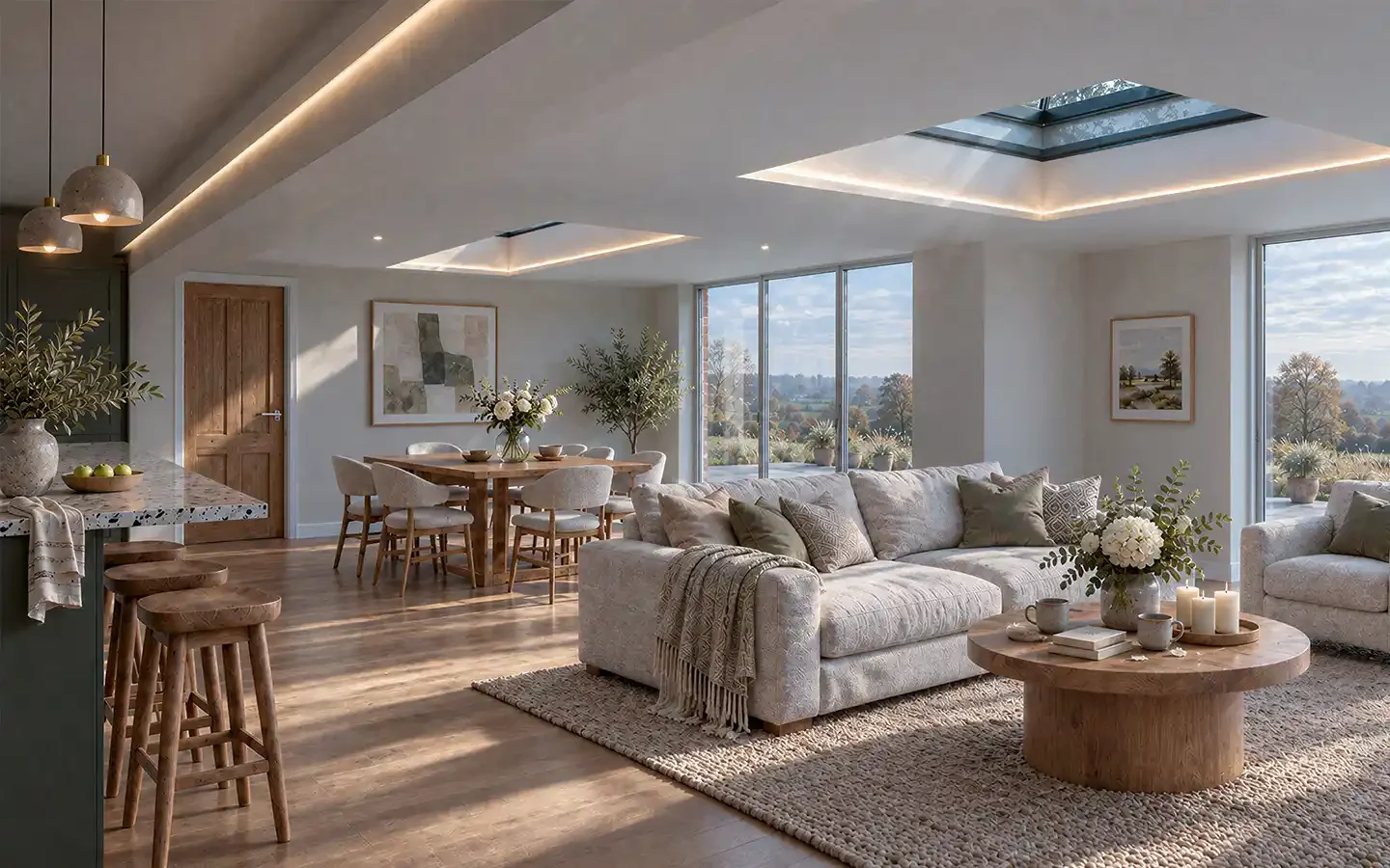 3D interior view of a Warwickshire bungalow with an open-plan kitchen, dining and living area, two roof lanterns and large windows overlooking the countryside.