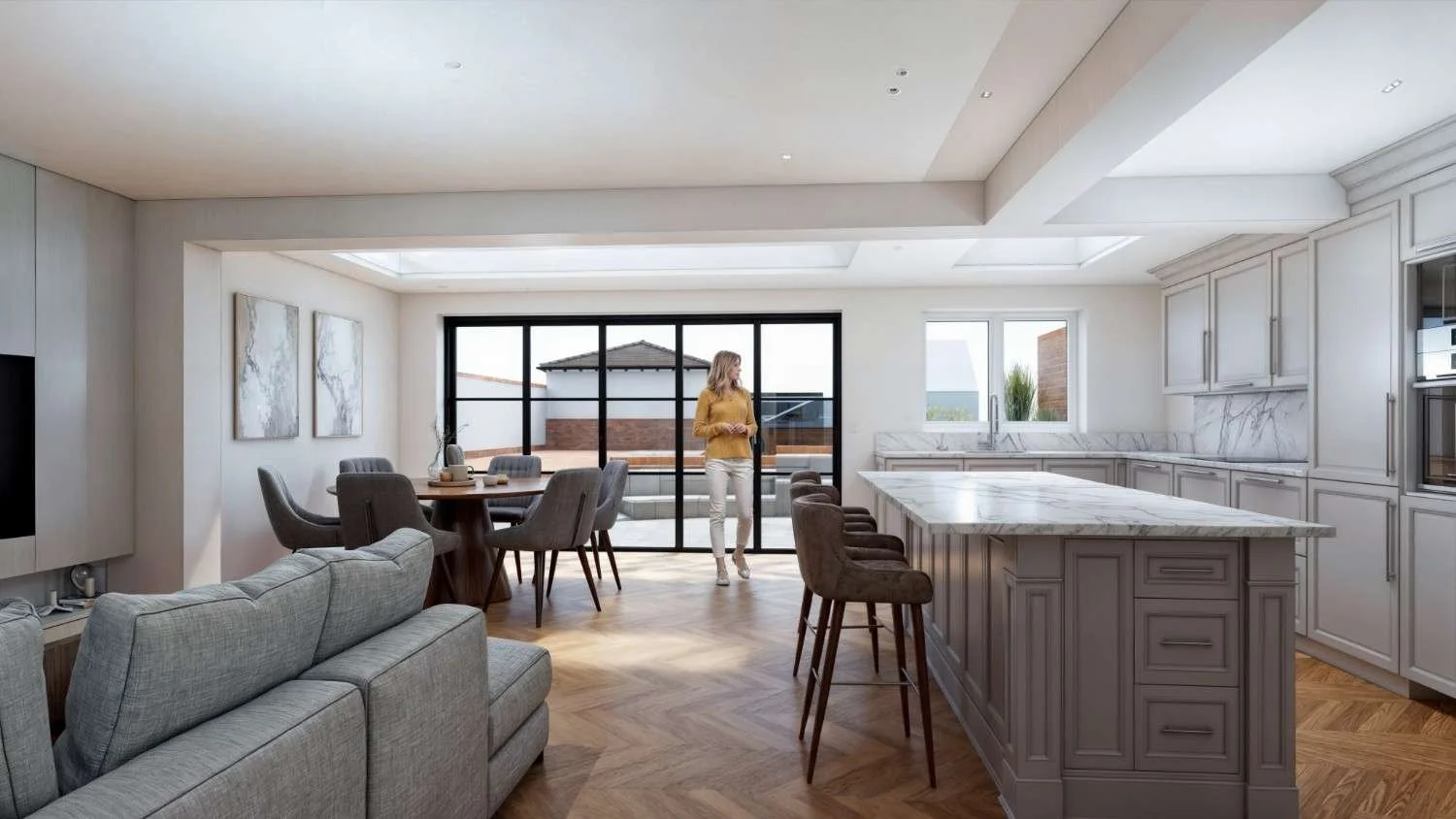 Modern kitchen redesign and rear extension in Solihull with open-plan layouts and Crittall doors. McTernan Design provides planning application drawings and building regulation plans for functional, stylish kitchen and extension projects.