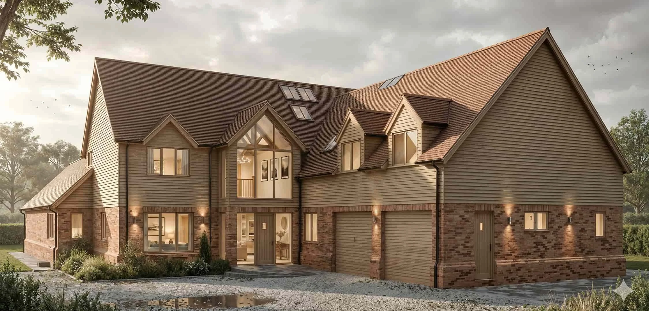 Front 3D visualisation of new build home in Warwickshire with brick plinth, timber cladding and glazed gable entrance.