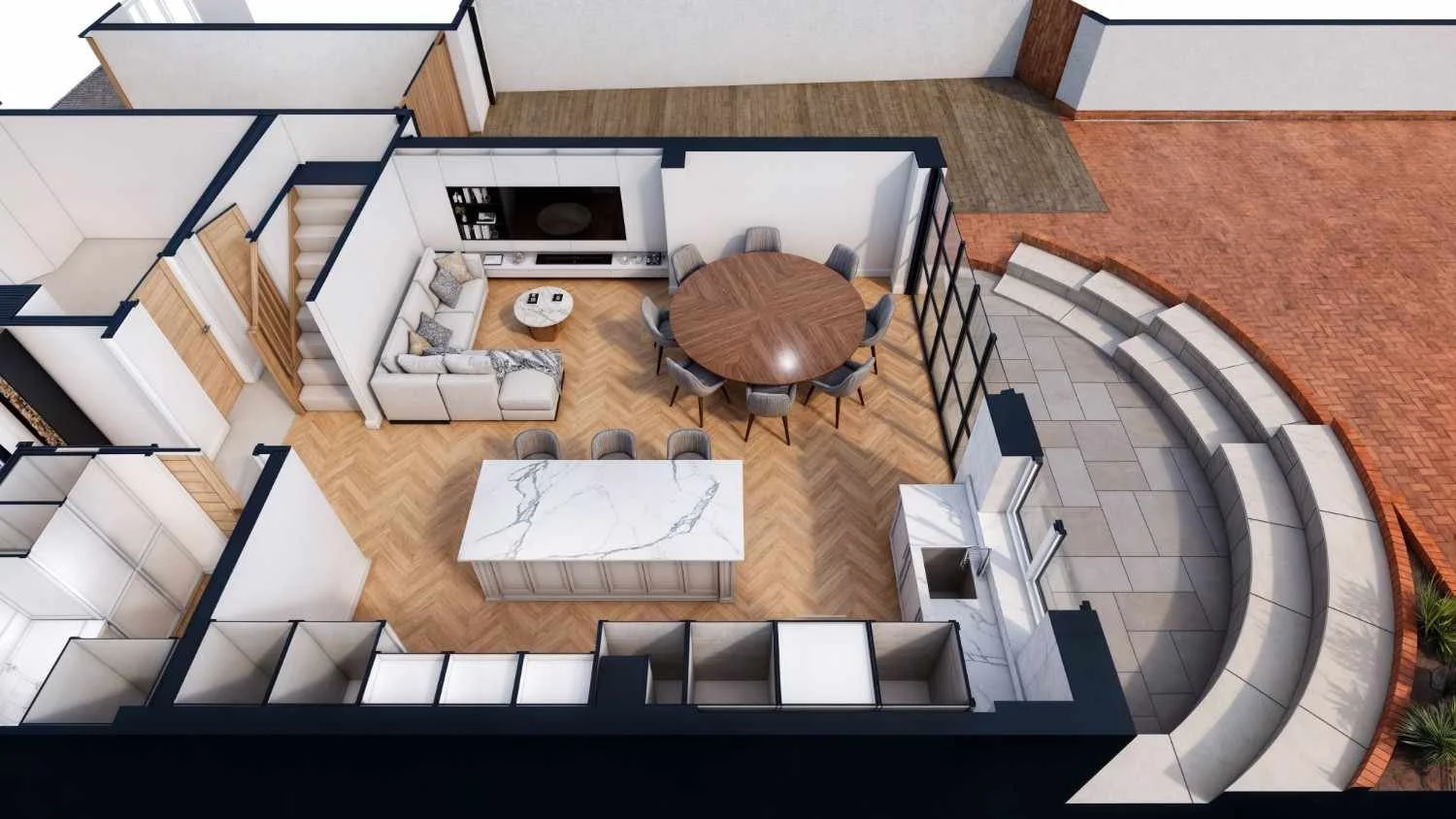 A 3D floor plan of an open-plan kitchen, living, and dining space, shared with the client during the design and feasibility stage. Created to gather client feedback before submitting a planning application to Warwickshire Council.