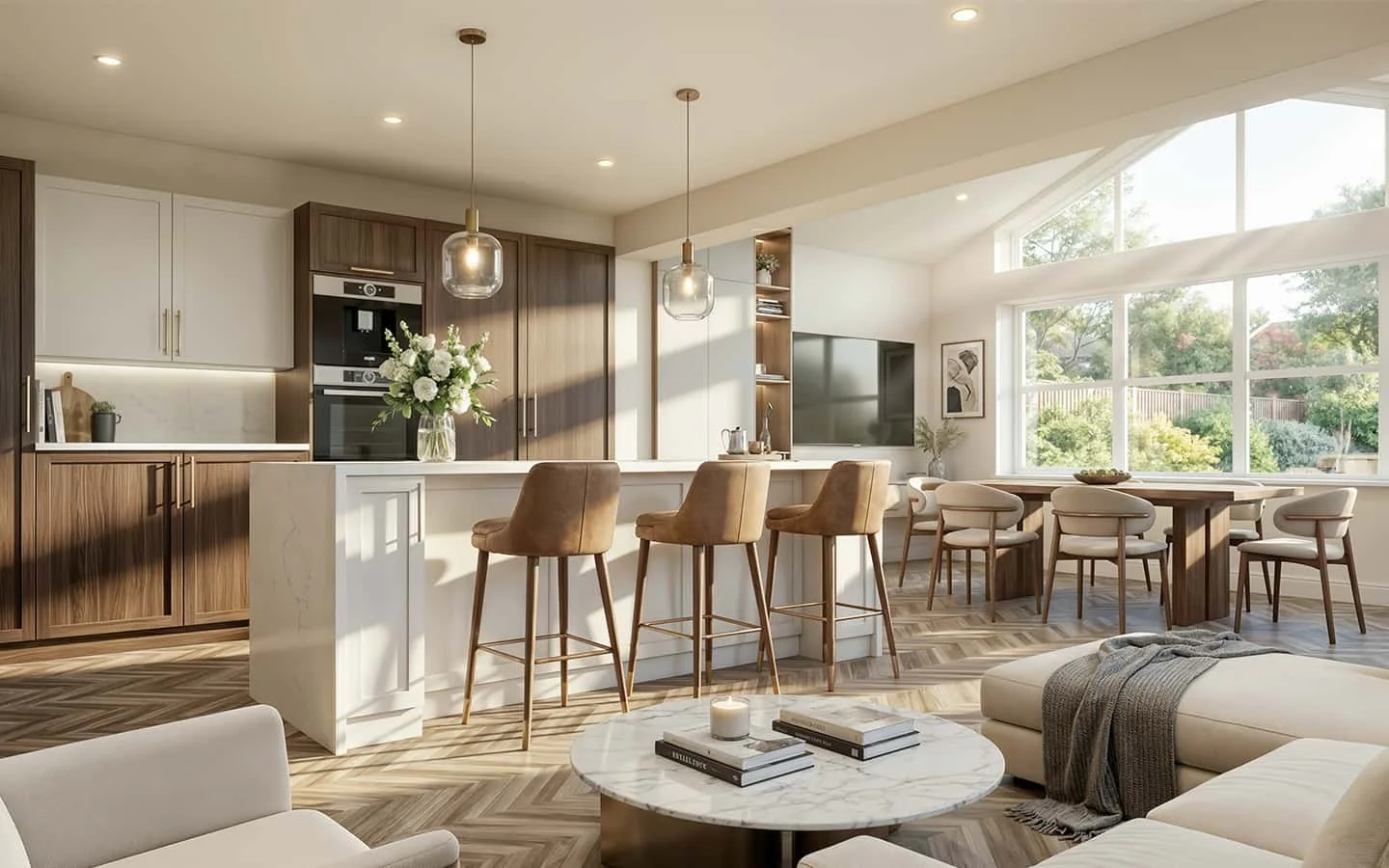 Open-plan kitchen-diner in a rear extension in Wythall with pentagon feature window and island seating.
