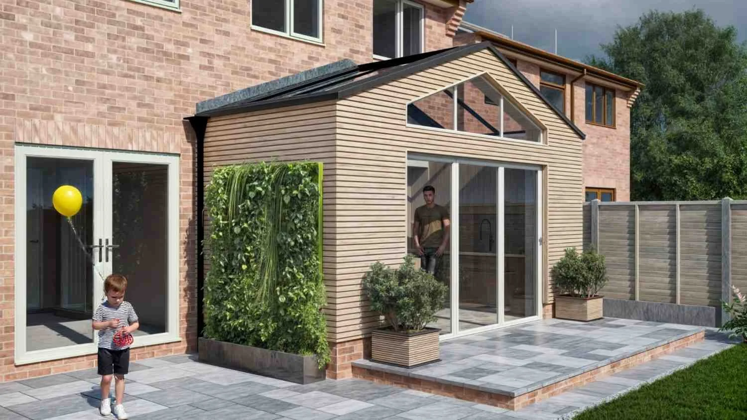 Professional extension planning in Solihull by McTernan Design, featuring Millboard cladding as an alternative to rendering, with a pentagon window rear extension in Walsall.