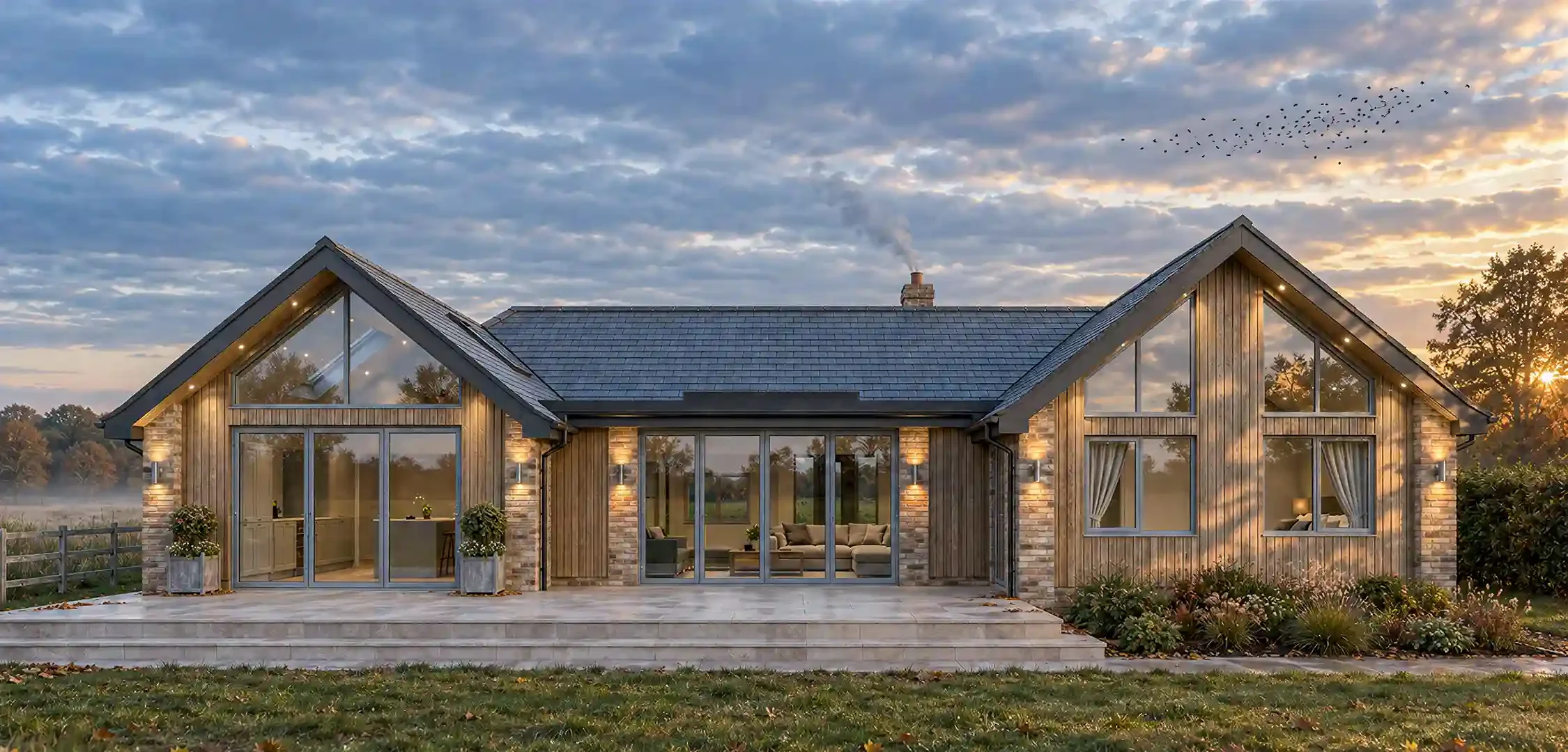 Proposed garden view of a large bungalow extension in Lapworth, with two glazed gables flanking a central flat-roofed extension.