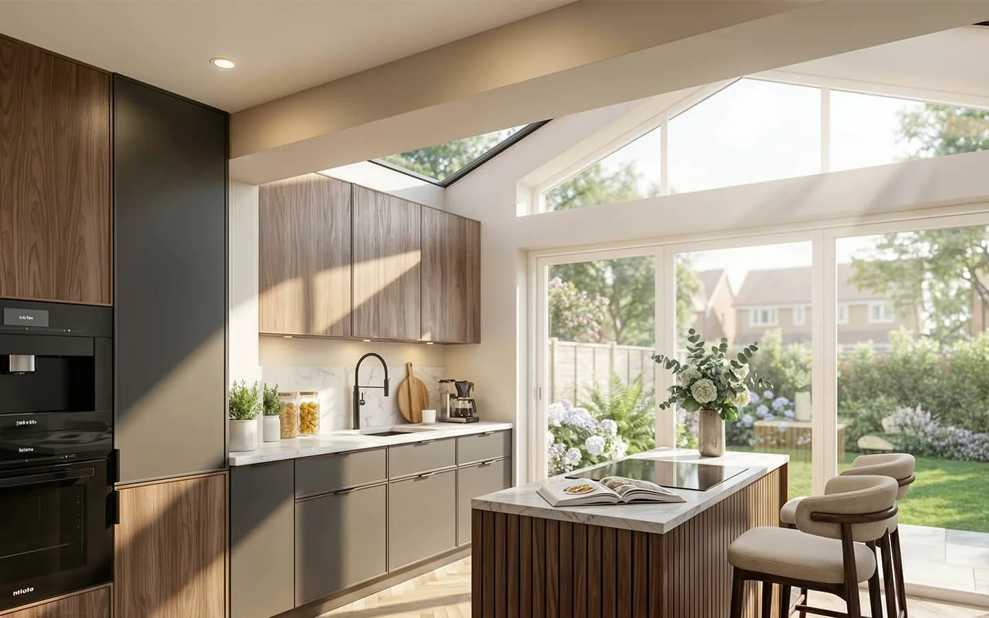 Kitchen view of rear kitchen extension in Walsall with glazed feature window, rooflight and sliding doors to garden.
