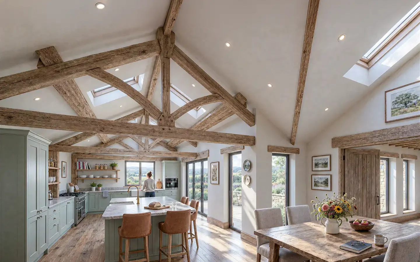 Interior view of a Warwickshire farmhouse kitchen and dining space with a vaulted ceiling, exposed timber kingpost trusses, rooflights and a central kitchen island.