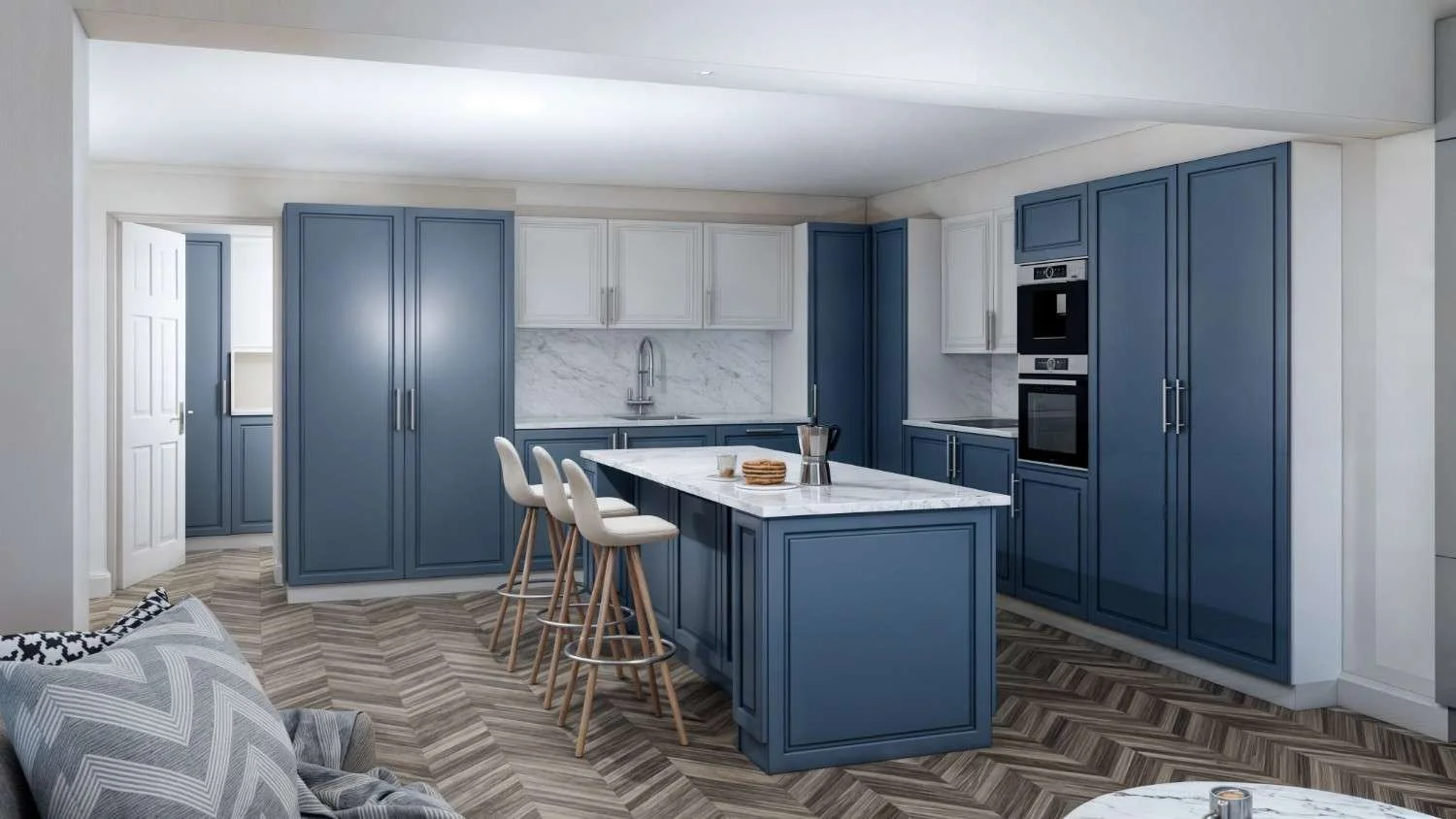 Architectural 3D visulation of internal Crittall doors opening onto a bespoke Kitchen Solihull