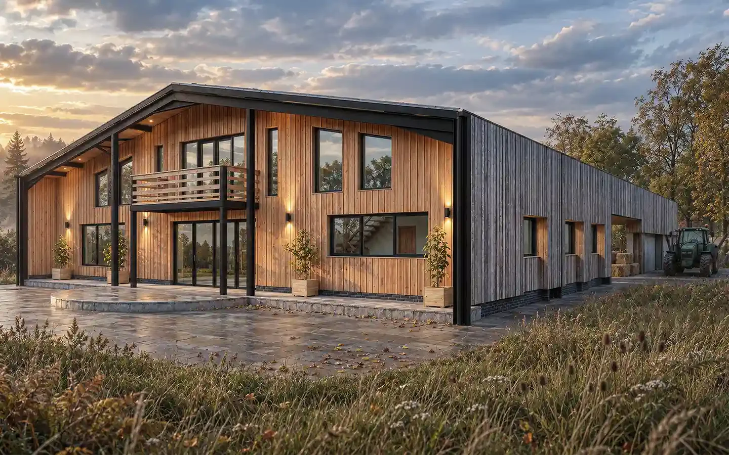 Proposed 3D view of a steel-framed barn conversion in the Cotswolds, with timber cladding, a glazed gable, first-floor balcony and adjoining single-storey wing.