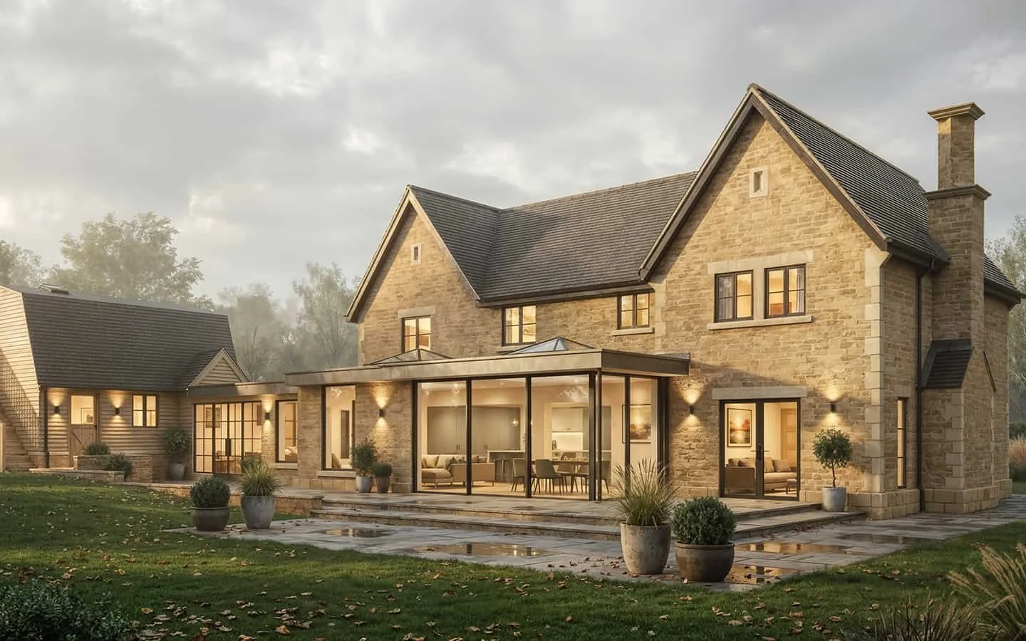 3D visualisation of single-storey flat roof extension in the Cotswolds with glazed corner and rooflights for more light.
